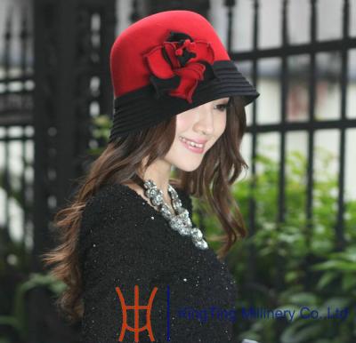 China 100% Fashion Wool Felt Hats Rose and Red With Flower Trimming for Party for sale