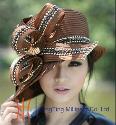 China Brown Polyester Womens Church Hats Satin Ribbon Hats for Church Party for sale