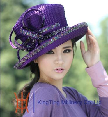 China Handmade Purple Satin Womens Church Hats with Diamond Casing for sale