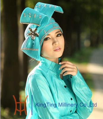 China Blue / Black Womens Church Hats , Satin Ribbon Hats with Diamond Casing / Brooch for sale