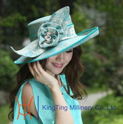 China Ladies Green Square Big Brim Satin Ribbon Ladies Dress Church Hats With Flowers / Brooch for sale