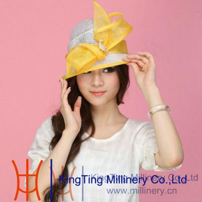 China Leave Wedding Yellow / Ivory Ladies Sinamay Hats With Bow / Feather Trimming for sale