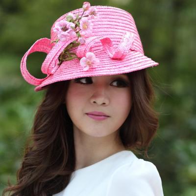 China Summer / Spring Natural flower fascinator Pink Straw Hat For Ladies for sale