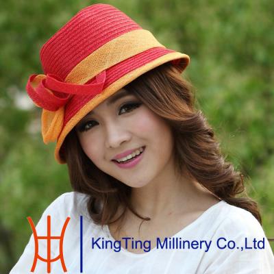 China Stripe Ribbon ladies straw hat For Trip / Wedding / Party  , red straw cloche hat for sale