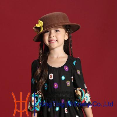 China Children Dark Grey Wool Felt Fedora Hat With Flower Trimming Onside for sale