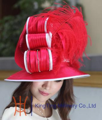 China Red / Ivory Ladies' Church Hats Polyester Fabric Top Hats with Feathers Horse Racing Hats for sale