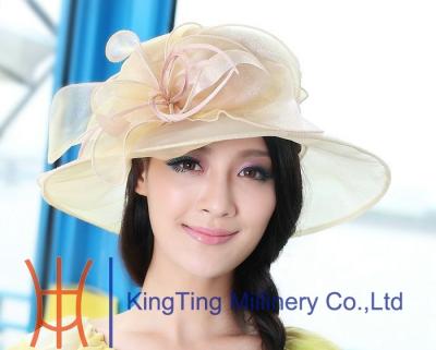 China 100% polyester braid Light pink Organza Church Hats with flower / feather for sale