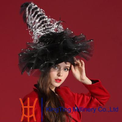 China Women Unique Dressy Church Hats With Black Net And White Feather for sale