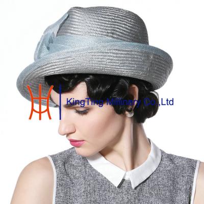 China Grey Straw Cloche Stripe Ribbon Womens Straw Hat For Trip / Wedding for sale