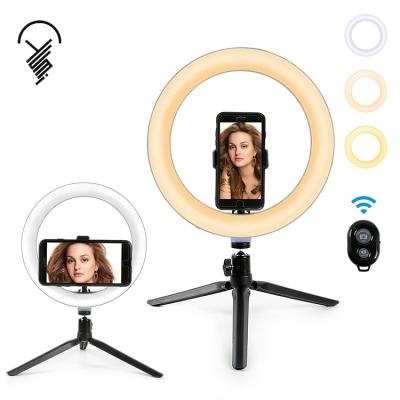 China Luxury 10 Inch Tricolor LED Ring Light Selfie Ring Makeup Lights and 2.1M Tripod for Live Stream Beauty Photography Photo Light for sale