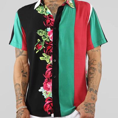 China Anti-wrinkle factory wholesale men's colorful flowers and stripes stitching casual curved edge shirt for sale