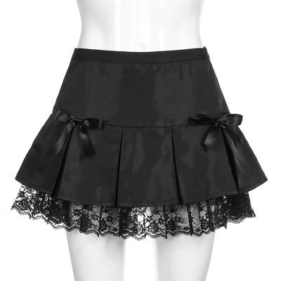 China Aesthetic Coldker Anti-Static Black Goth Pleated Skirts Women Lace Up Low Trim Waist Girl Mini Skirt Punk Streetwear for sale