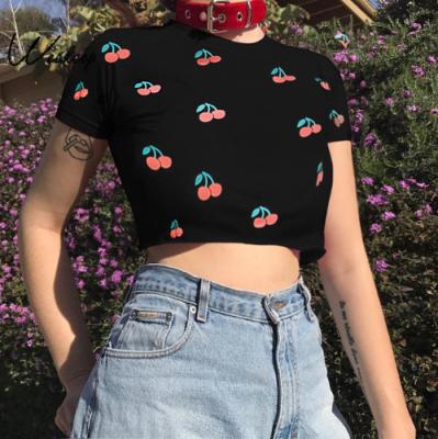 China Anti-wrinkle girl Butterfly2021 spring and summer women European and American cherry print hot mock-up thin cropped T-shirt cropped tops for sale