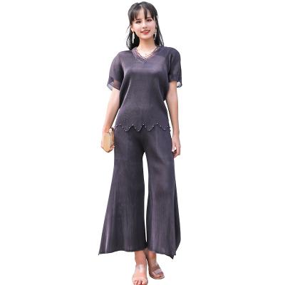 China High Quality Breathable Fashion Womens Short Sleeve Slim Pleat Pleated 2 Piece Set for sale