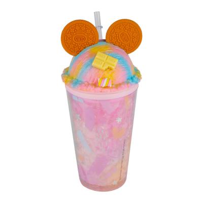 China Gift/Office/Home Wall Acrylic Double Cup Tumbler/Mouse Bar Clear Ear Cups with Straw and Dome Lid,Cute Double Wall Plastic Tumbler for sale