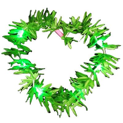 China Fabric Mardi Gras LED Necklace Flashing Glow In The Dark Light Up Green Polynesian Dance Garland Leis Necklace Leaf Necklace Light for sale