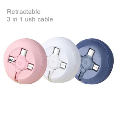 China MP3/MP4 Player Retractable Flat 3 In 1 Usb Charging Cable For Micro Type C Mobile Phone Charger for sale