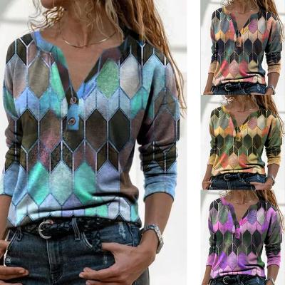 China 2021 Breathable Plus Size Fashion Women's Geometric V-Neckline Blouse Printing Slim Fit T-Shirt, Lapel Long Sleeve T Shirt For Women for sale