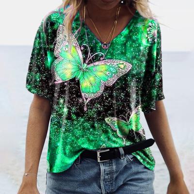 China 2021 breathable spring and autumn new sleeve oversized women's blouse women five-point butterfly printing plus size ladies T-shirt for sale