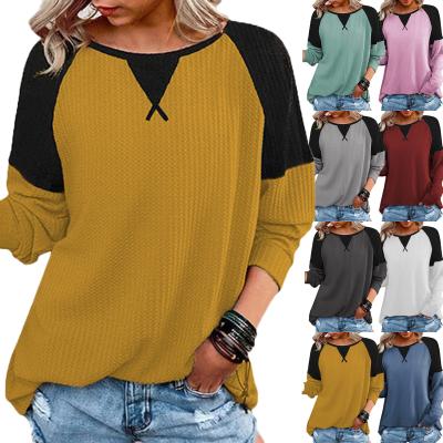 China Breathable OEM Accept Amazon 2021 Custom Stitching Round Neck T-Shirt Raglan Sleeve Long Sleeve Casual Ladies Loose Women Top for sale