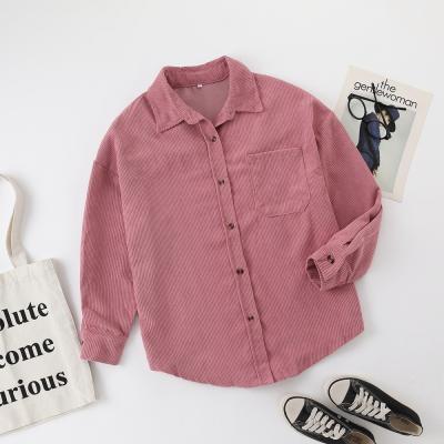 China 2021 New Arrival Girls Corduroy Shirt Fashion Long Sleeve Plain Breathable Button Ladies Casual V-Neck Roll Up Women Tops for sale