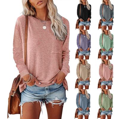 China 2021 Breathable Autumn Winter Women's Round Neck Pocket Split Tops Female Womens Clothing Long Sleeve Casual Loose T-shirt Designer for sale