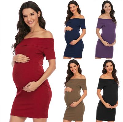 China 2021 Breathable Fashion Maternity Solid Color Casual Women Dress One-Shoulder Short Sleeve Pregnant Dresses for sale