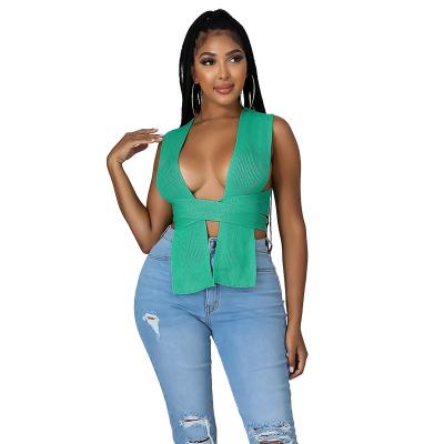 China Breathable Solid Color V-Neck Cropped Shawl Solid Color Women Tie Knot Bandage Sweater Vest Top Tops for sale