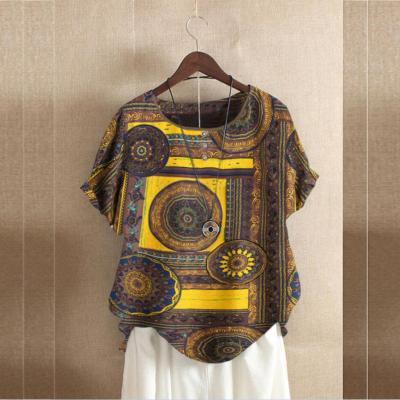 China Plus size 2021 plus size women's summer style ethnic V-neck T-shirt plus size casual T-shirt ladies for sale