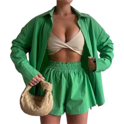 China New Breathable Women's Set Solid Color Casual Two-Piece Single Breasted Sleeve Lapel Shirt Long Shorts Loose Suit for sale