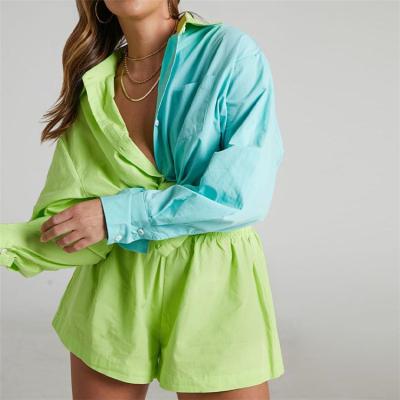 China New Product Breathable Women Set Single Breasted Solid Color Two Piece Sleeve Lapel Shirt Long Shorts Loose Suit for sale