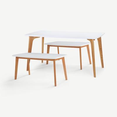 China Nordic Design Adjustable Solid Oak Wooden White Color 6 Rectangular (Other) Rests Dining Table and 2 Bench Set for sale