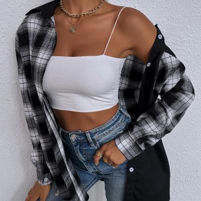 China Anti-pilling spring 2022 patchwork fashion casual shirt women's plaid blouses and shirts for women for sale