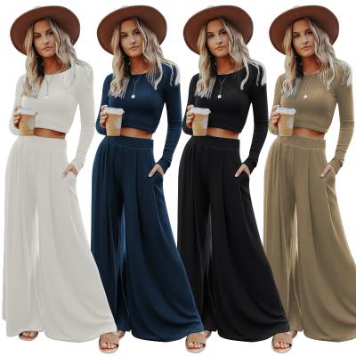 China 2021 Women Holiday Home Wear Anti-static Casual Suit Popular Autumn Crop-Top Wide-legged Pants for sale