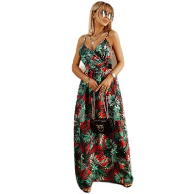 China 2021 Hot Sale Women's Long Dress Anti-Static V-Neck Pleated Retro Loose Backless Beach Boho Floral Print Suspender Casual Dresses for sale