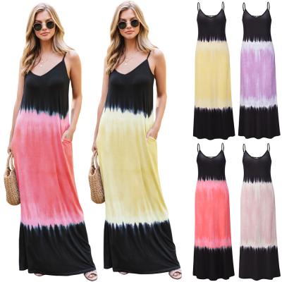 China 2021 Anti-Static Hot Sale Shift Dress For Vacation Backless Beach Print Dye Women Sleeveless V-Neck Tie Suspender Casual Dress for sale