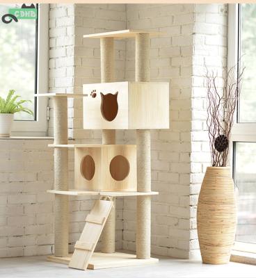 China Viable Comfy Perches Cat Tower With Striping Board Multilevel Cat Condo With Basket for sale