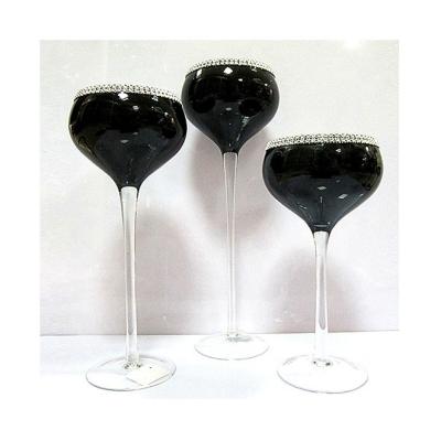 China Wholesale Set of 3 Blown Diamond Long-Stemmed Glass Candle Holder Black Wedding Centerpieces Table Decorations for sale