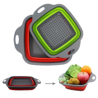 China Viable Strainer Funnel Square Green Fruit Basket Folding Kitchen Drain Colander for sale