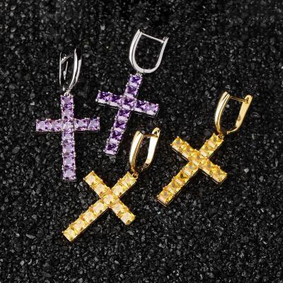 China Trendy Hiphop Iced Out Purple Yellow Zircon Gold CZ Cross Circle Hoop Earrings For Women 2021 for sale