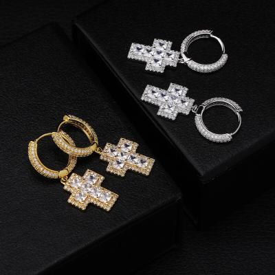 China Trendy Hip Hop Gold Plated Square CZ Drop Dangle Zircon Cross Stud Earrings For Men Hip Hop for sale