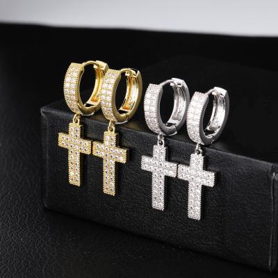 China 2021 CLASSIC zircon 18k gold huggie dangle cross earring men earring hip hop circle earring for sale