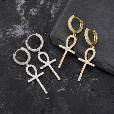 China Hip Hop Christmas Gift Zircon Drop Ankh Cross Huggies Zircon Earrings Circles Gold Plated for sale