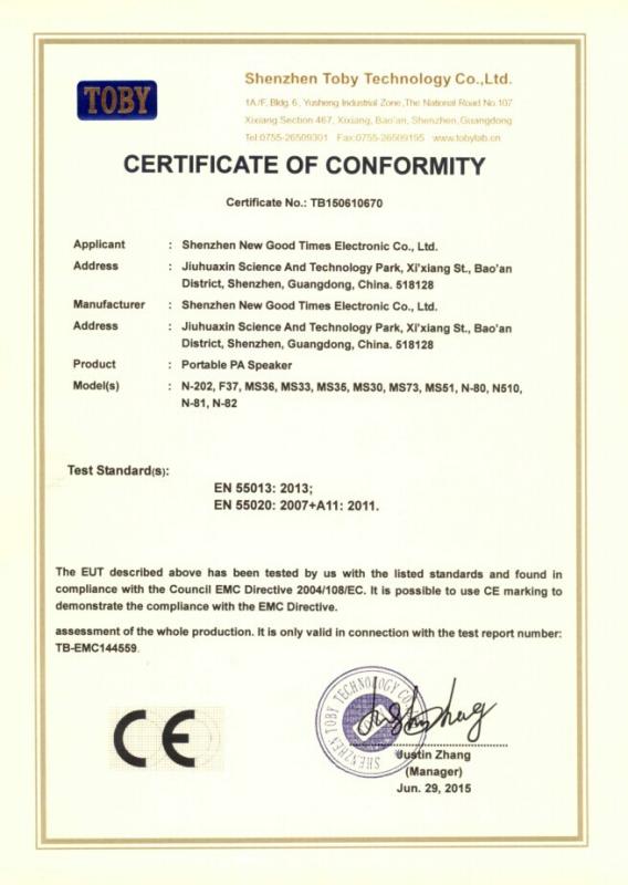 NEWGOOD CE CERTIFICATE - Shenzhen New Good Times Electronic Co.,Ltd