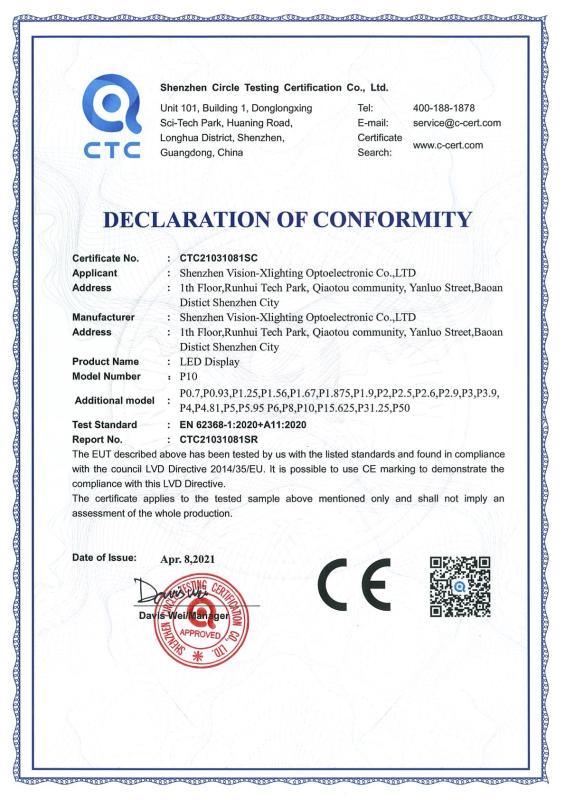 CE - Shenzhen Vision-Xlighting Optoelectronic Co., Ltd.