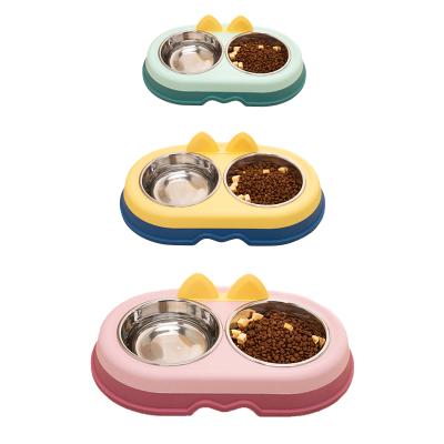 China New Designer Sustainable Cute Dog Food Bowl Stainless Steel Plastic Pet Drinking Feeding Bowl With Stand for sale