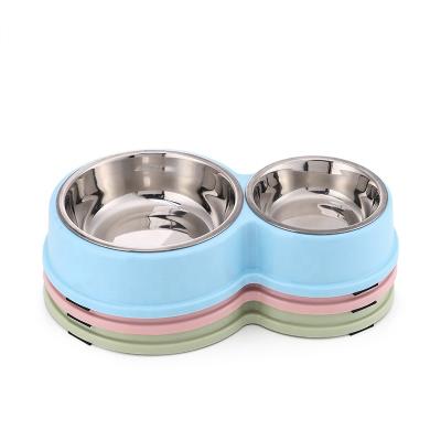 China Wholesale Modern Pet Double Stocked Stainless Bowls Non Slip Multicolor Cat Dog Feeder Plastic Water Bowl for sale