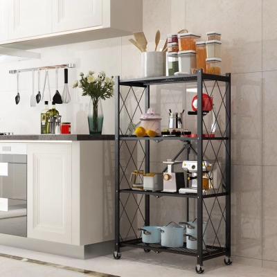 China Sustainable Kitchen And Bathroom 3 Layers Folding Metal Storage Rack Shelf With Casters for sale