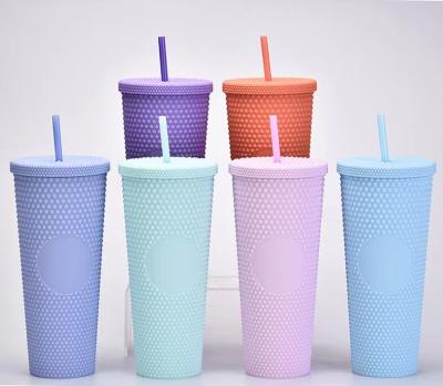 China NEW PORTABLE plastic double layer 24 oz durian straw tumbler diamond glitter studded matte coffee cups with lid for sale