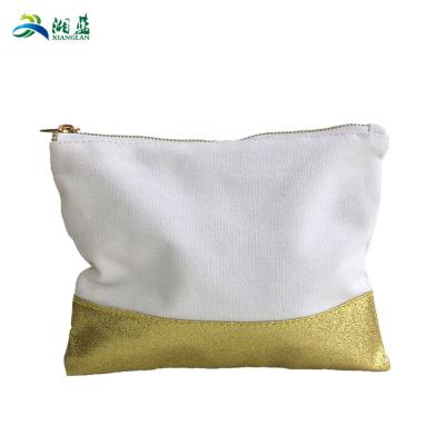 China Reusable Gold Foil Metal Zipper Customize Logo Printing Makeup Bag White Plain Basics Canvas Promotional Wholesale Cotton Cosmetic Bag for sale